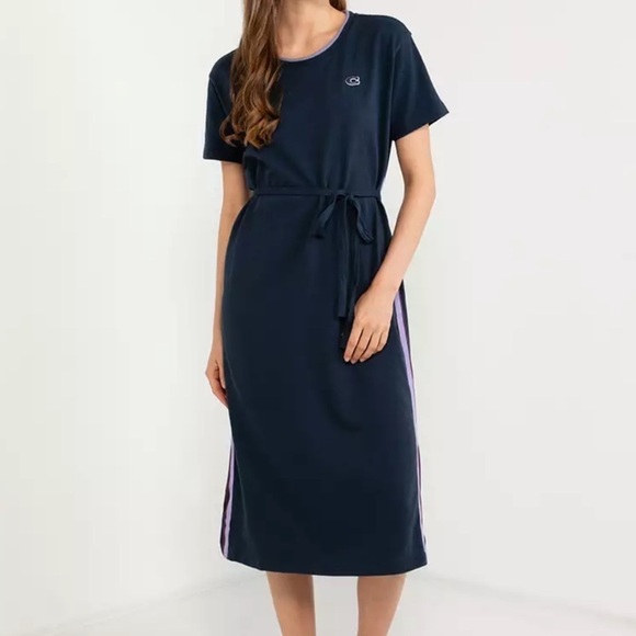 Coach Logo T-Shirt Midi Dress Blue Purple Stripe Self Tie Small M2 - Picture 1 of 10